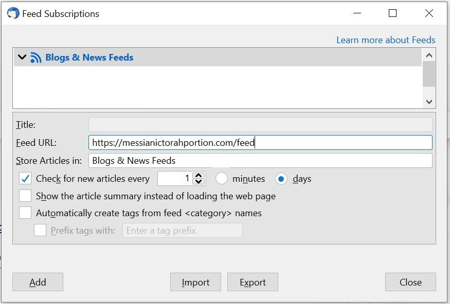 Thunderbird RSS Dialog Box